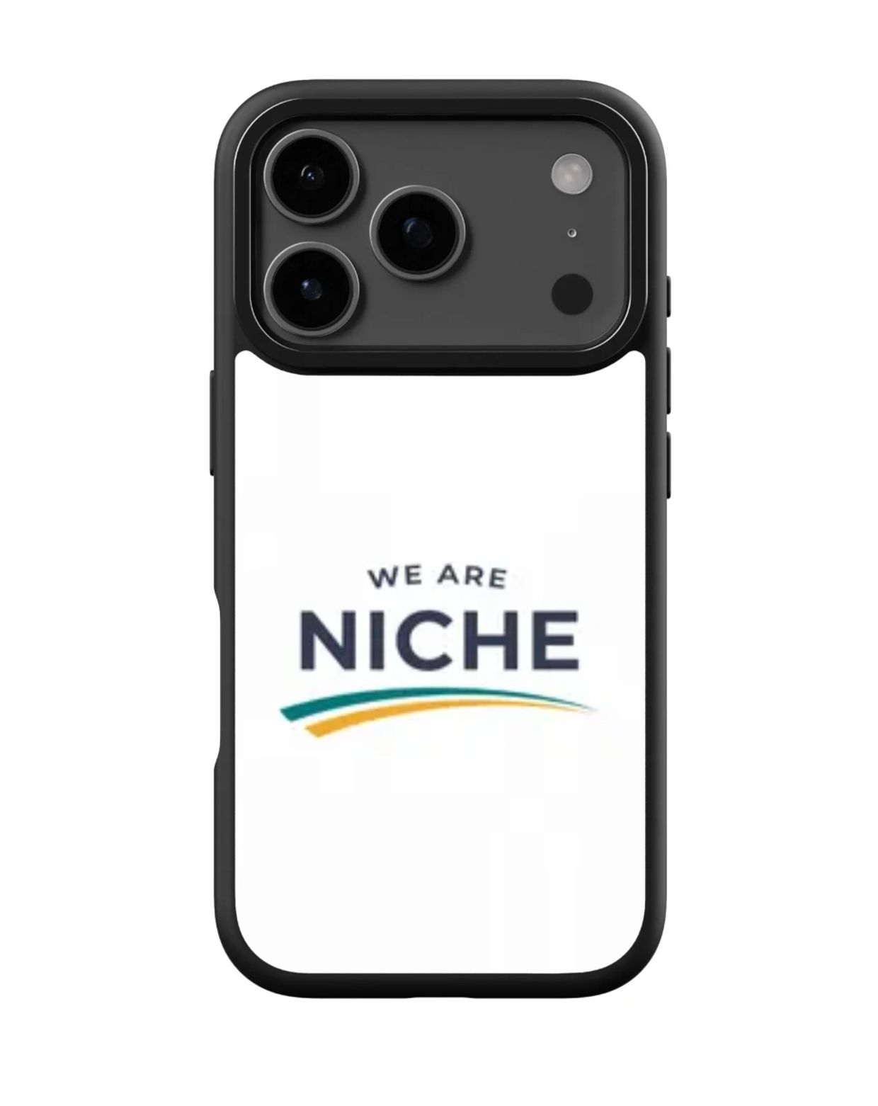 Black iPhone case with "We Are Niche" logo in white background.