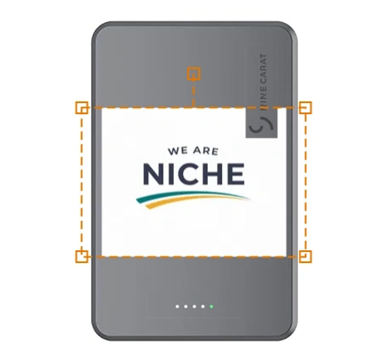 A device displaying the text 'WE ARE NICHE' with a sleek design.