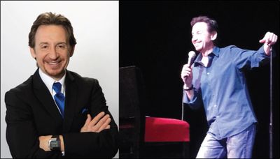Two images of a man, one formal and one performing stand-up comedy.