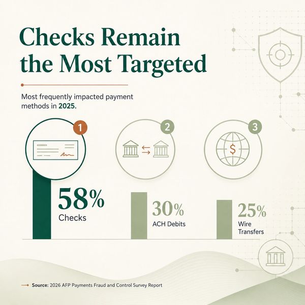 Checks are the most targeted payment method in 2025 at 58%.