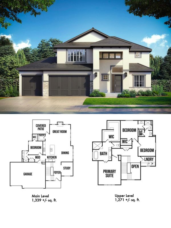 Modern two-story house with garage and detailed floor plans.