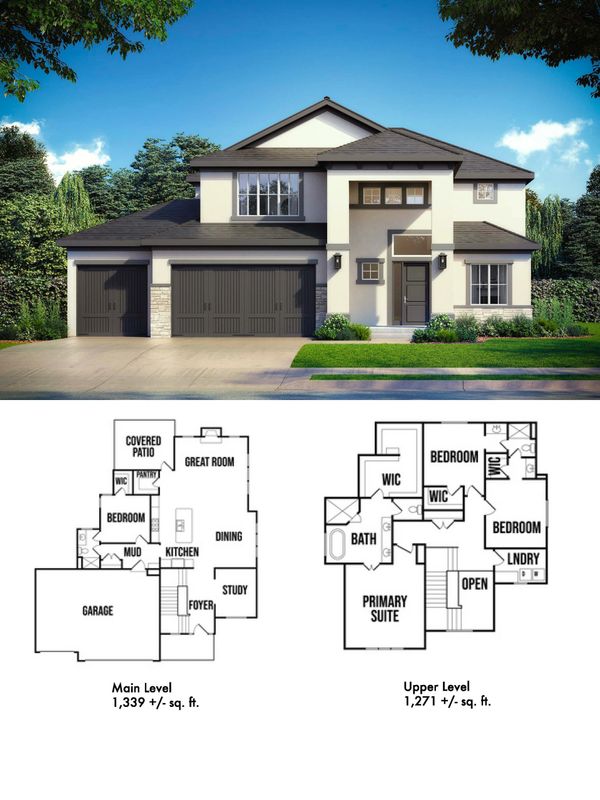 Modern two-story house with garage and detailed floor plans.