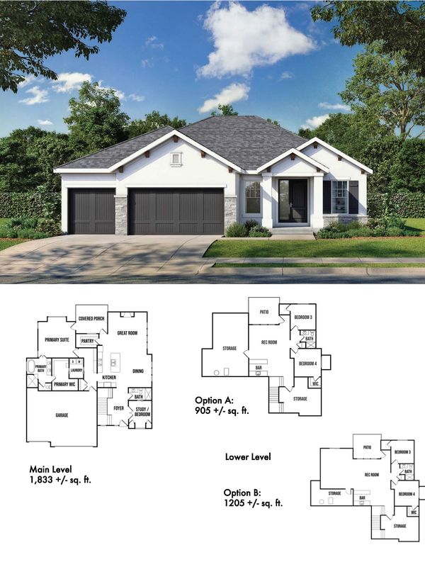 Modern single-story house with a three-car garage and detailed floor plans.