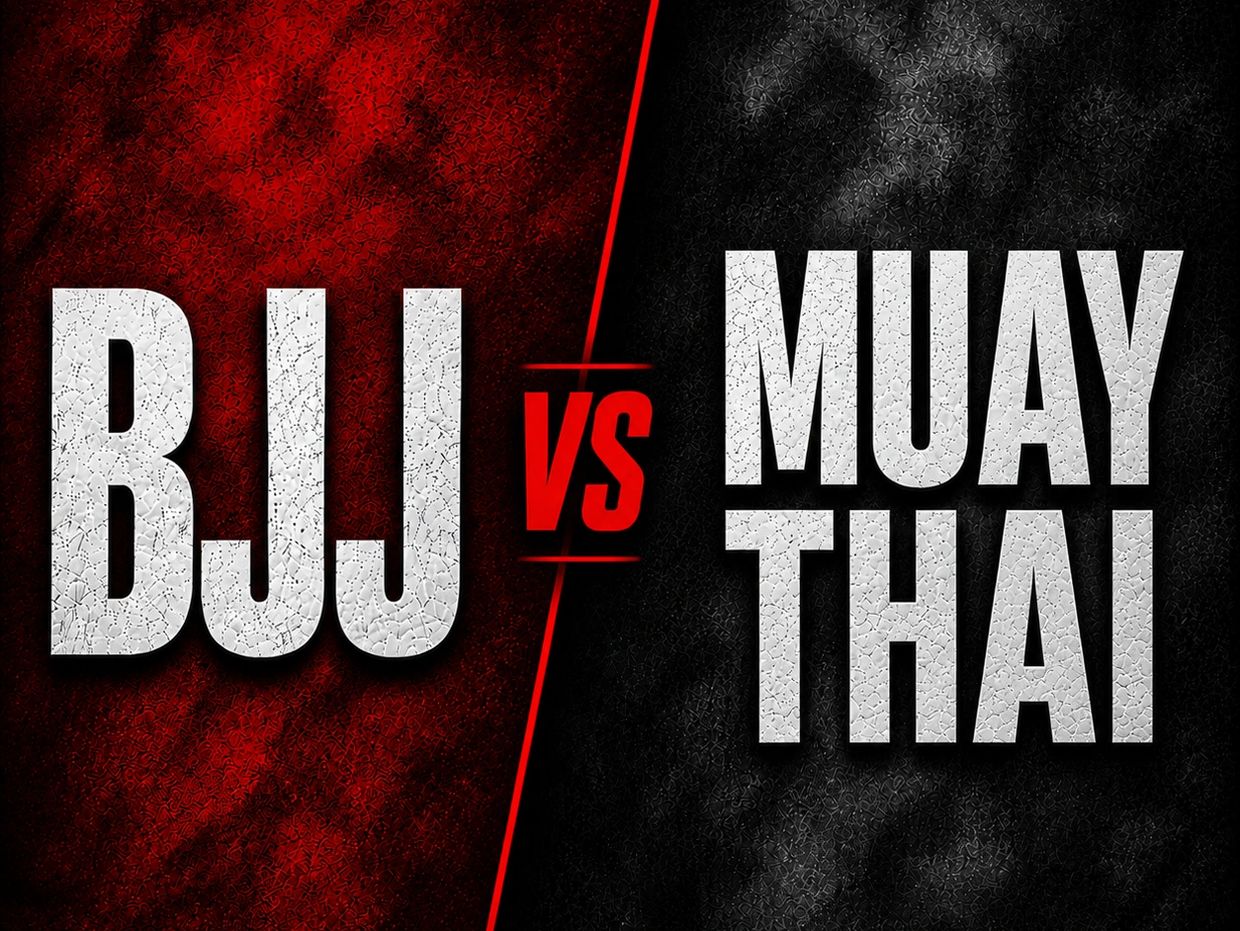 BJJ versus Muay Thai fight poster with bold text and contrasting red and black backgrounds.