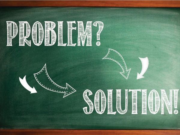 Chalkboard displays 'Problem?' with arrows pointing to 'Solution!'.