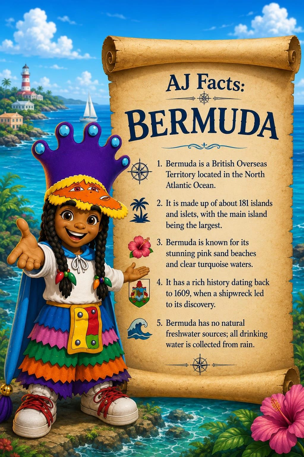 Illustrated facts about Bermuda with a character and a scenic background.