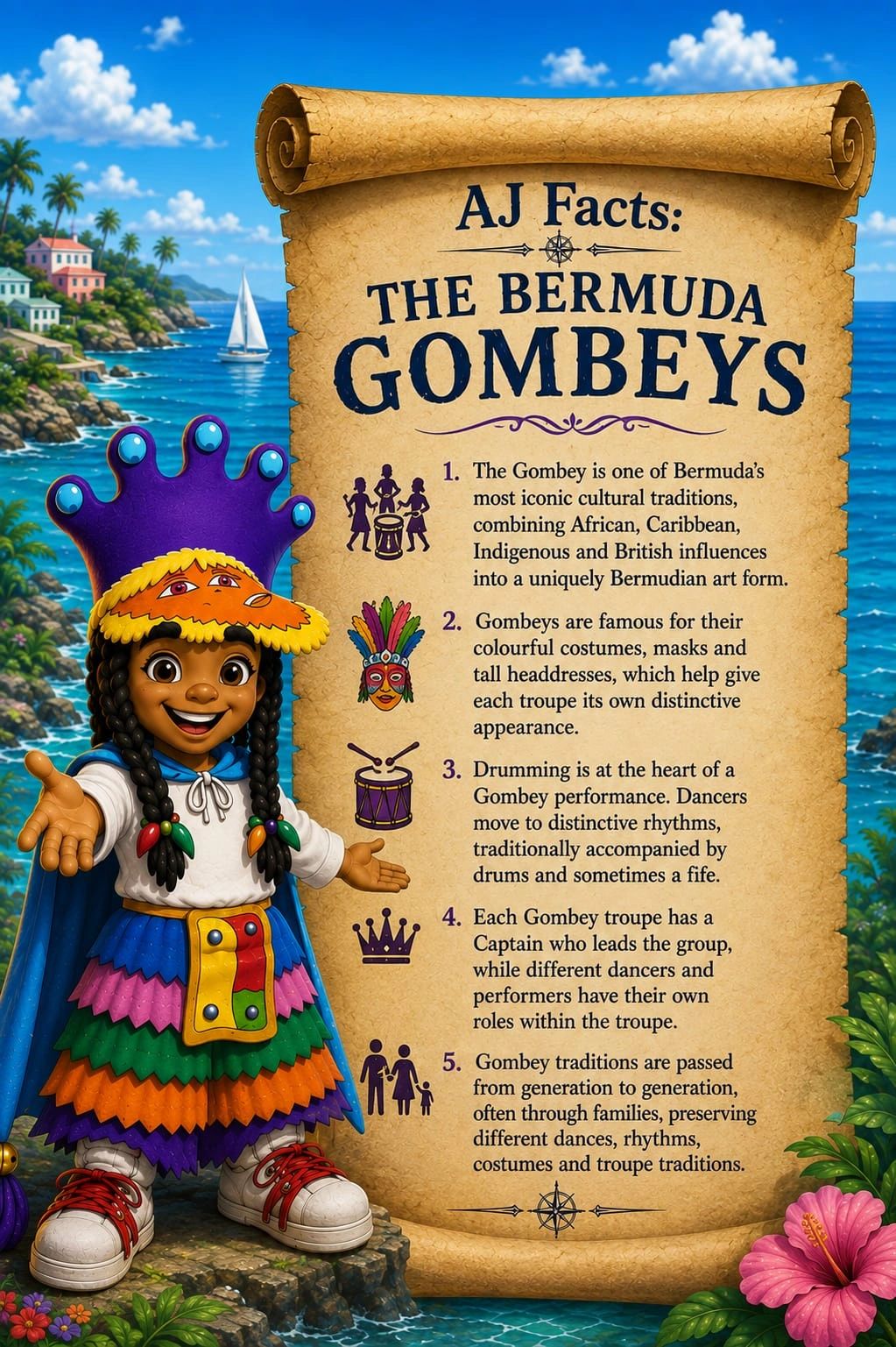Animated character explains Bermuda's Gombey cultural tradition.
