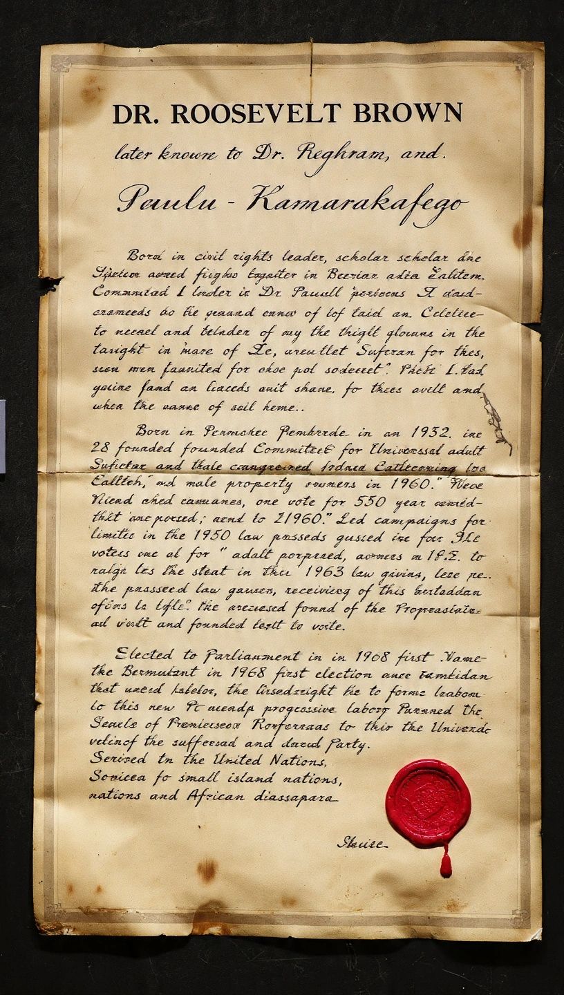 A vintage document about Dr. Roosevelt Brown with a red wax seal.