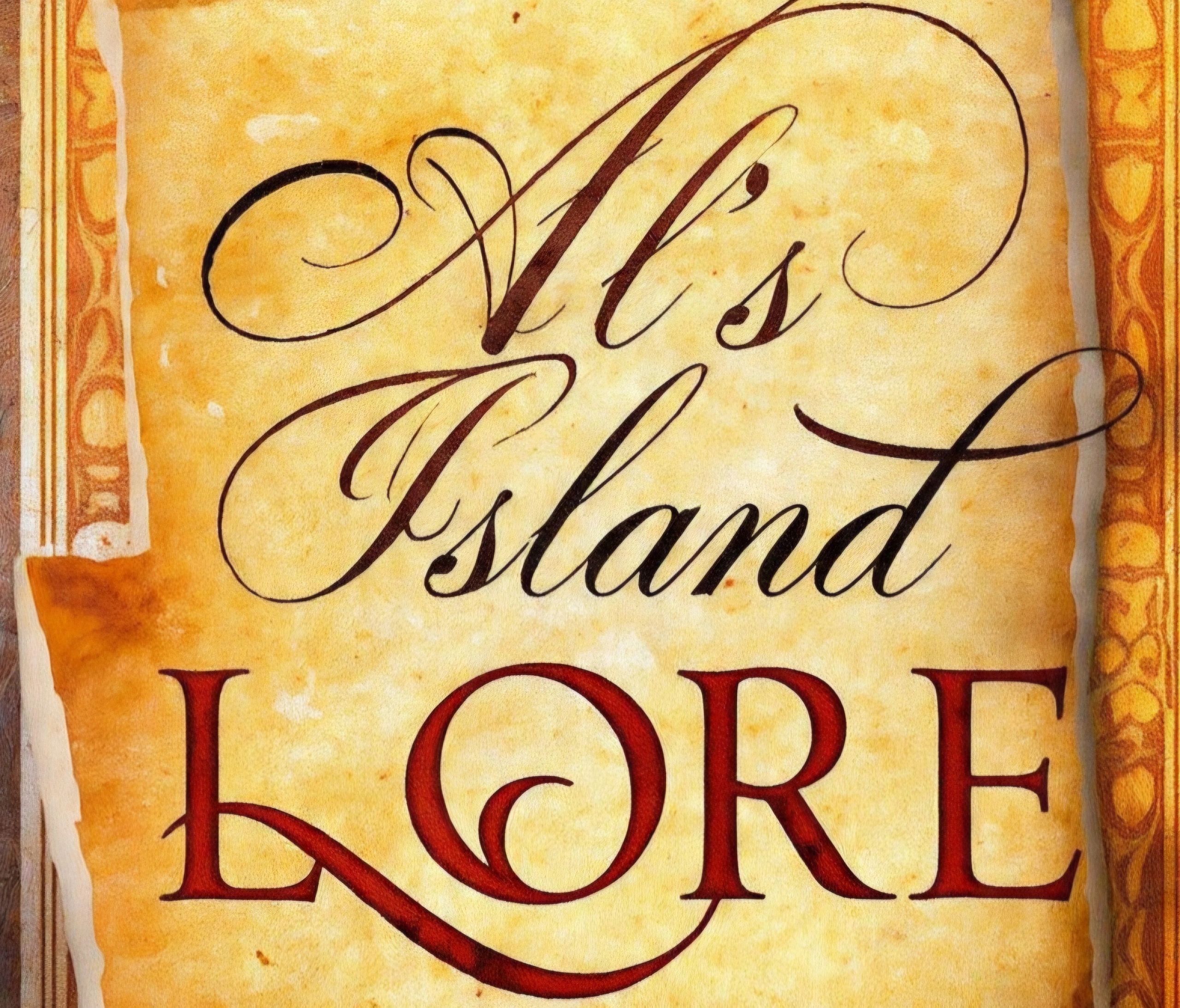 Old parchment-style text 'Vis Island LORE' with ornate border.