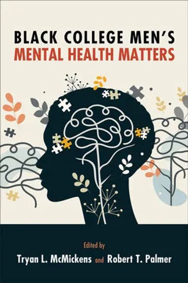 Book cover on mental health of Black college men with brain and puzzle imagery.