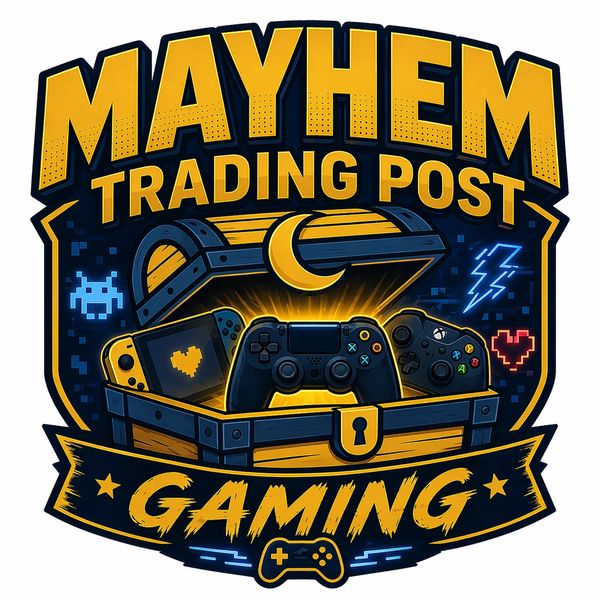Logo of Mayhem Trading Post featuring gaming controllers and pixel art.