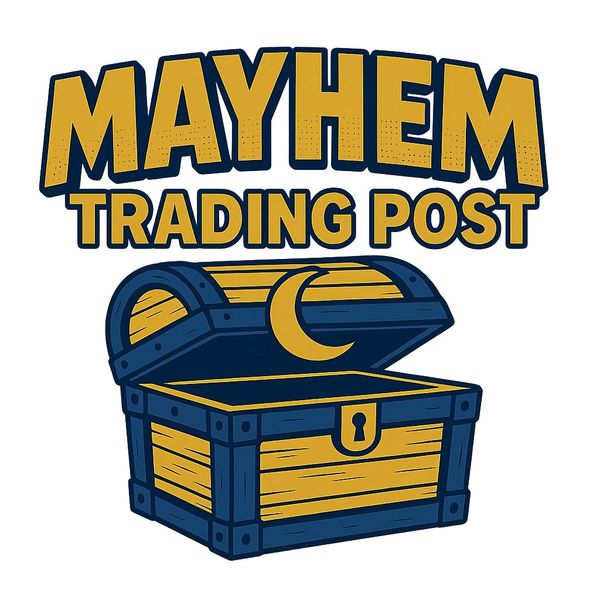 Logo of Mayhem Trading Post with a treasure chest and crescent moon.
