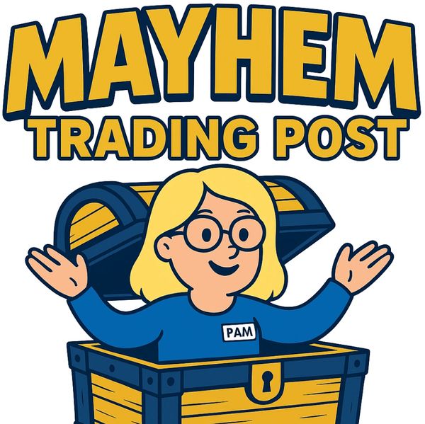 Cartoon of a woman named Pam popping out of a treasure chest under the words Mayhem Trading Post.