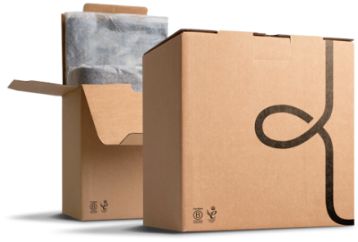 Two cardboard boxes, one open showing packaged contents inside.