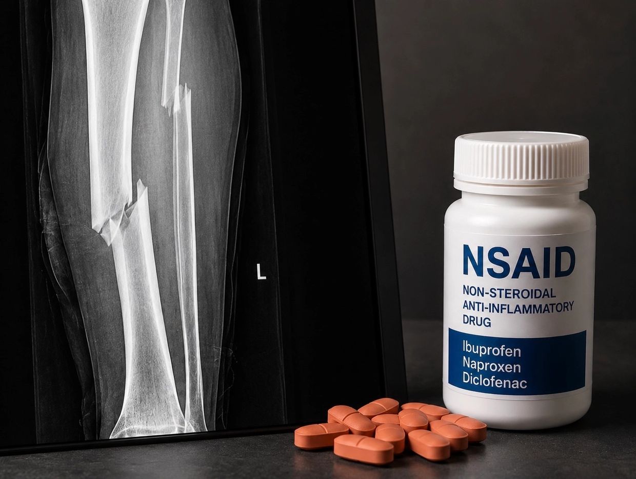 X-ray of broken leg with NSAID medication and pills for pain relief.