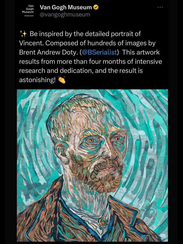 Detailed portrait of Vincent Van Gogh made from hundreds of images by Brent Andrew Doty.