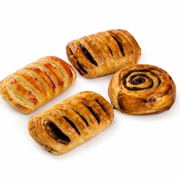 Four assorted pastries including chocolate swirl and filled puff pastries.