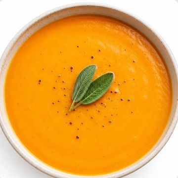 Creamy orange soup garnished with sage leaves and black pepper.
