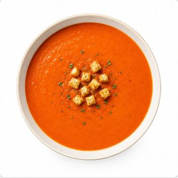Bowl of creamy tomato soup with croutons.