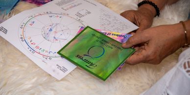 Person holding a card with an astrology chart nearby.