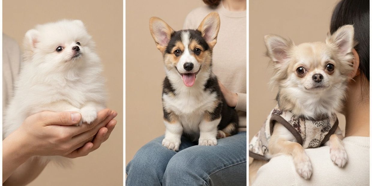 Three adorable small dogs with humans.
