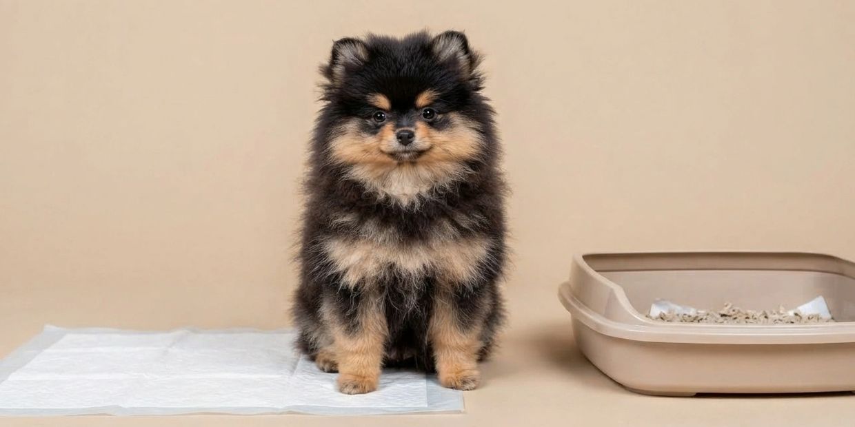 Fluffy black and tan puppy sitting beside a litter box.