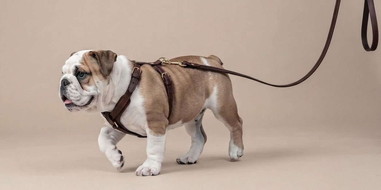 Bulldog puppy on a leather harness and leash.