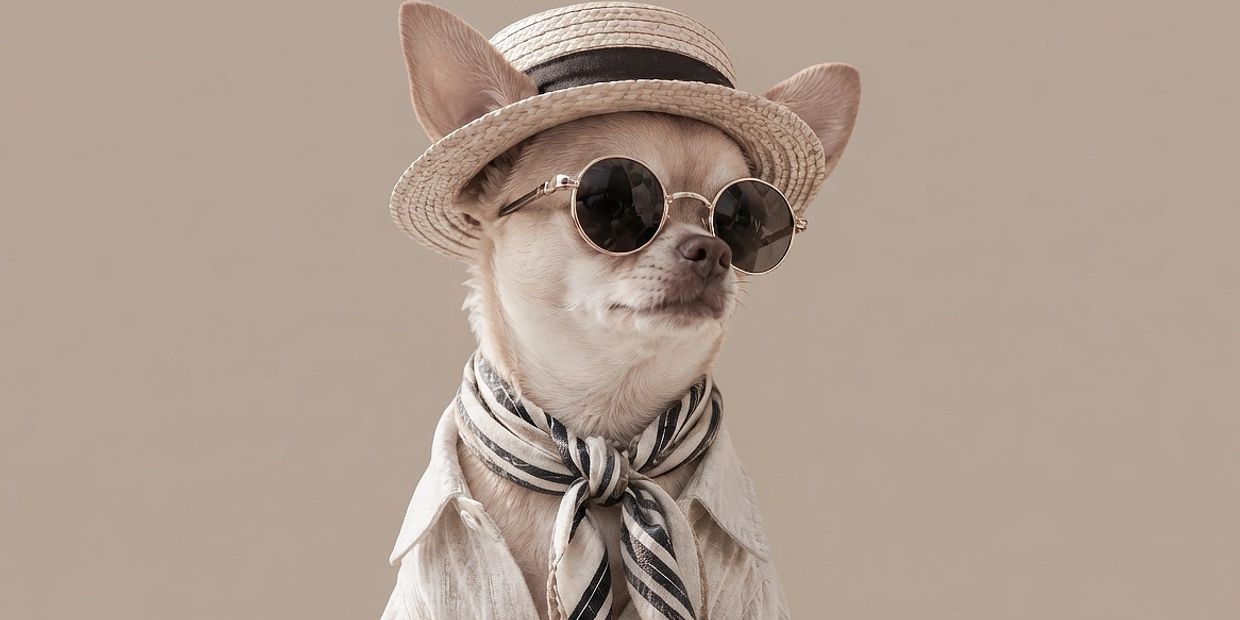 Chihuahua dog wearing sunglasses, hat, and scarf.