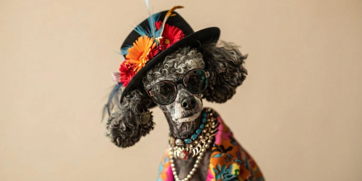 Poodle dressed in colorful clothes, hat with flowers, and sunglasses.