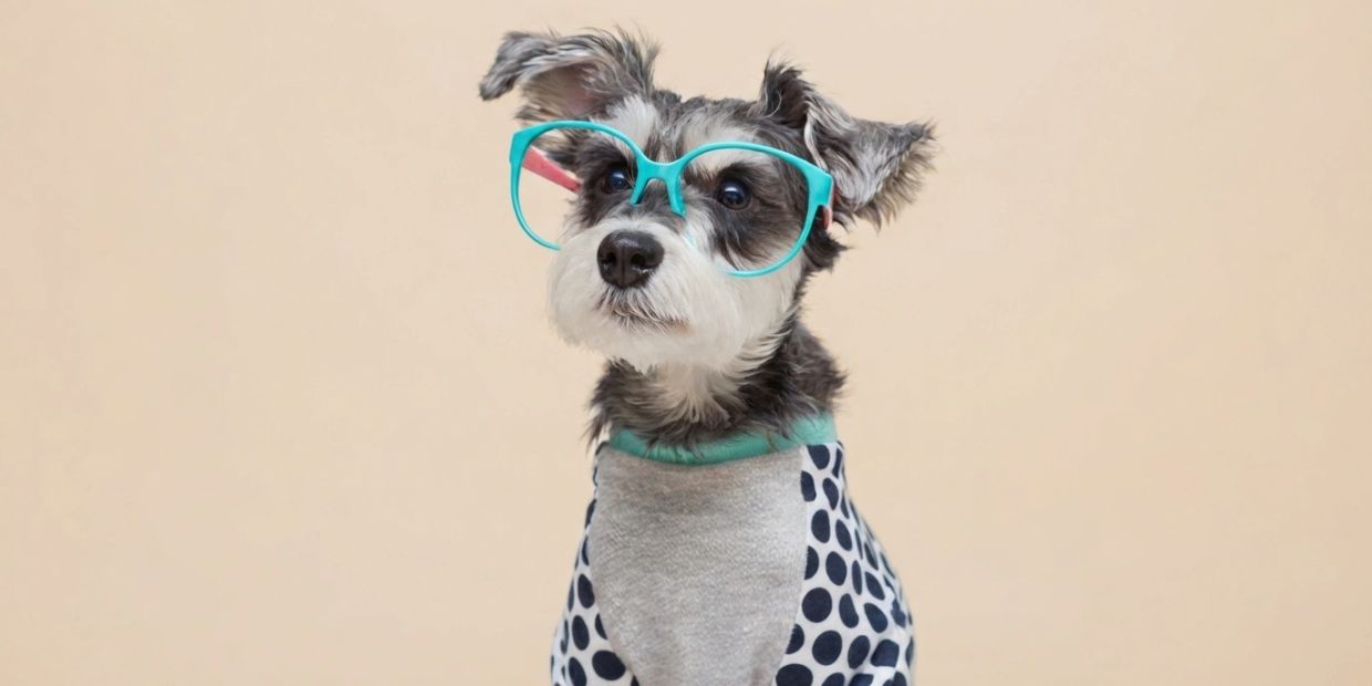 Dog wearing large turquoise glasses and a polka dot outfit.