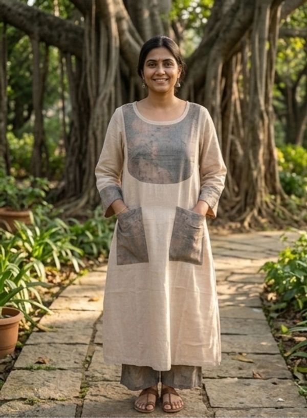 Woman in beige and grey traditional outfit standing on a garden path.