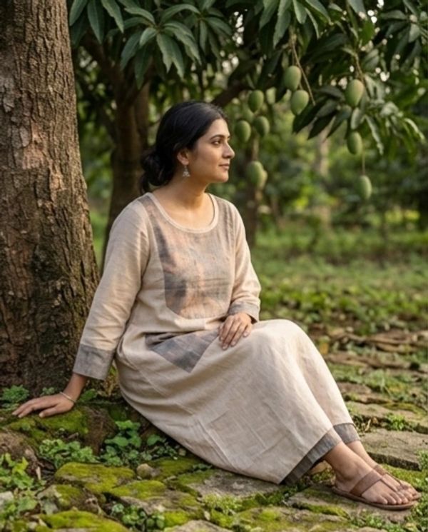A woman in a beige dress sits peacefully under a mango tree.