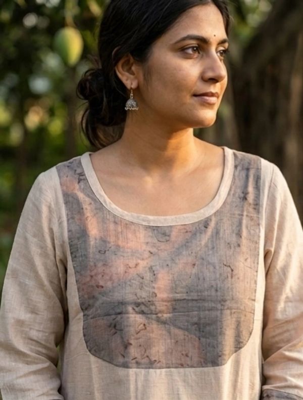 Woman in beige kurta with patterned front panel and jhumka earrings.