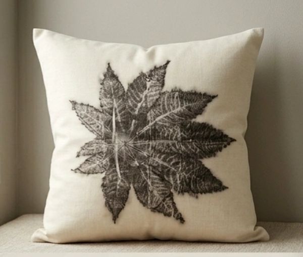Cream pillow with a detailed black leaf print in the center.