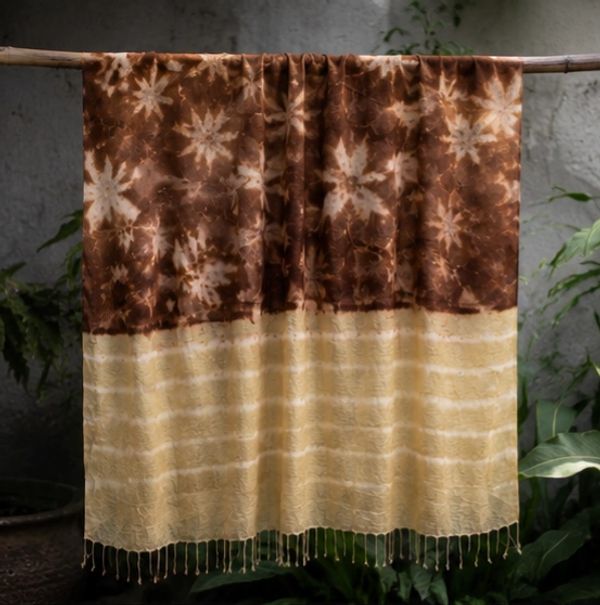 Brown and beige tie-dye fabric with fringe.