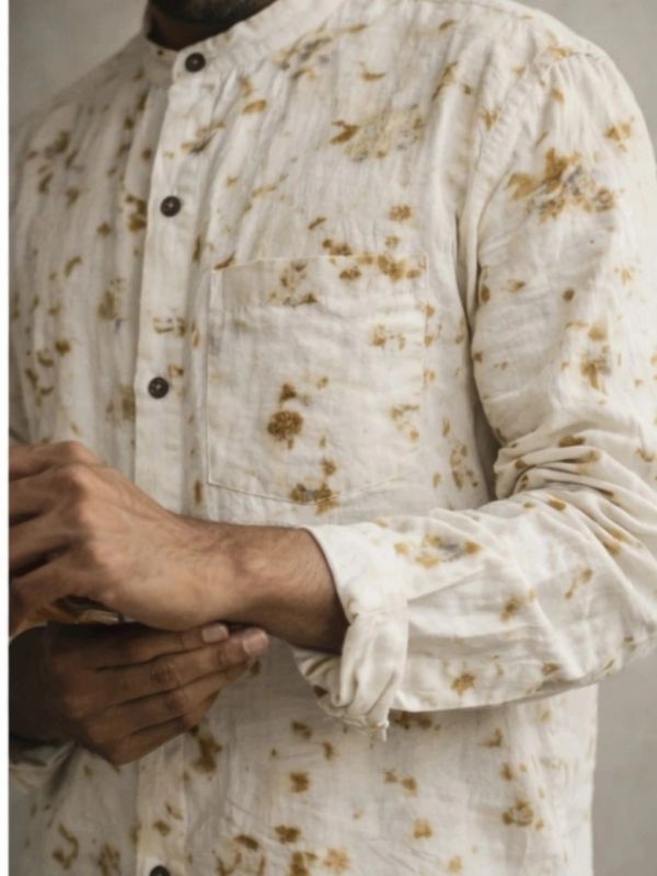 Close-up of a man wearing a beige tie-dye shirt with rolled-up sleeves.