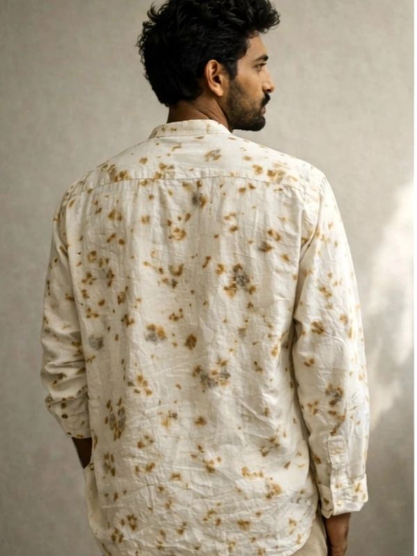 Man wearing a beige shirt with brown and gray spots, viewed from the back.