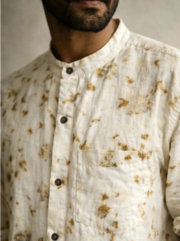 Man wearing a white shirt with brown splatter patterns and a pocket.