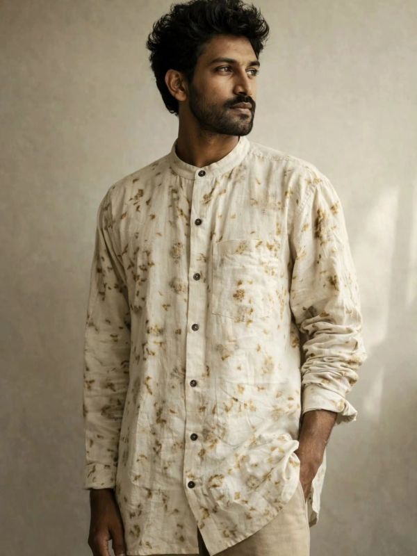 Man wearing a beige tie-dye shirt with rolled-up sleeves, looking to the side.