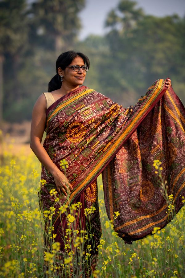 Hand stitched kantha work on mulberry silk saree 1