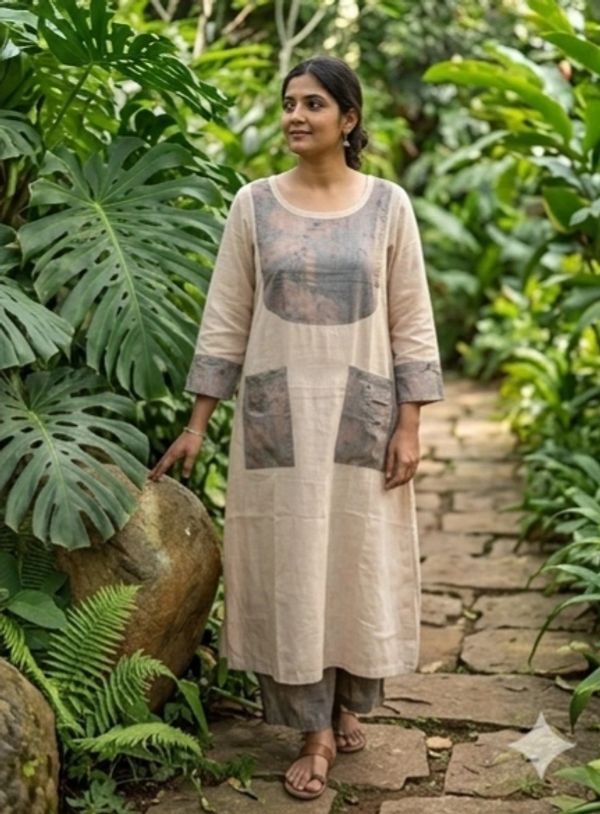 Woman in a beige kurta with printed pockets walking through a lush garden path.