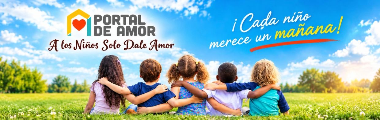 Niños abrazados sentados en el césped con mensaje de amor y cuidado.