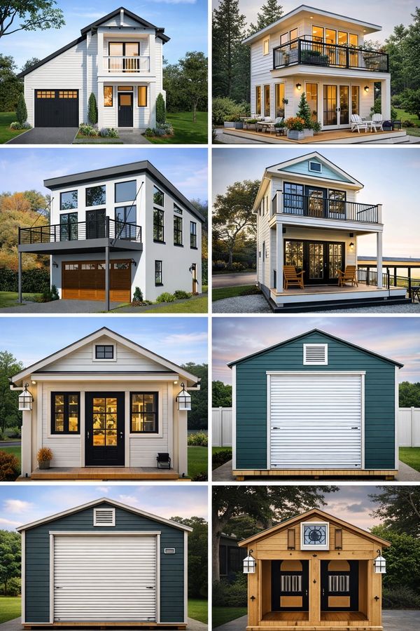 A collage of modern small homes and sheds with various designs and colors.