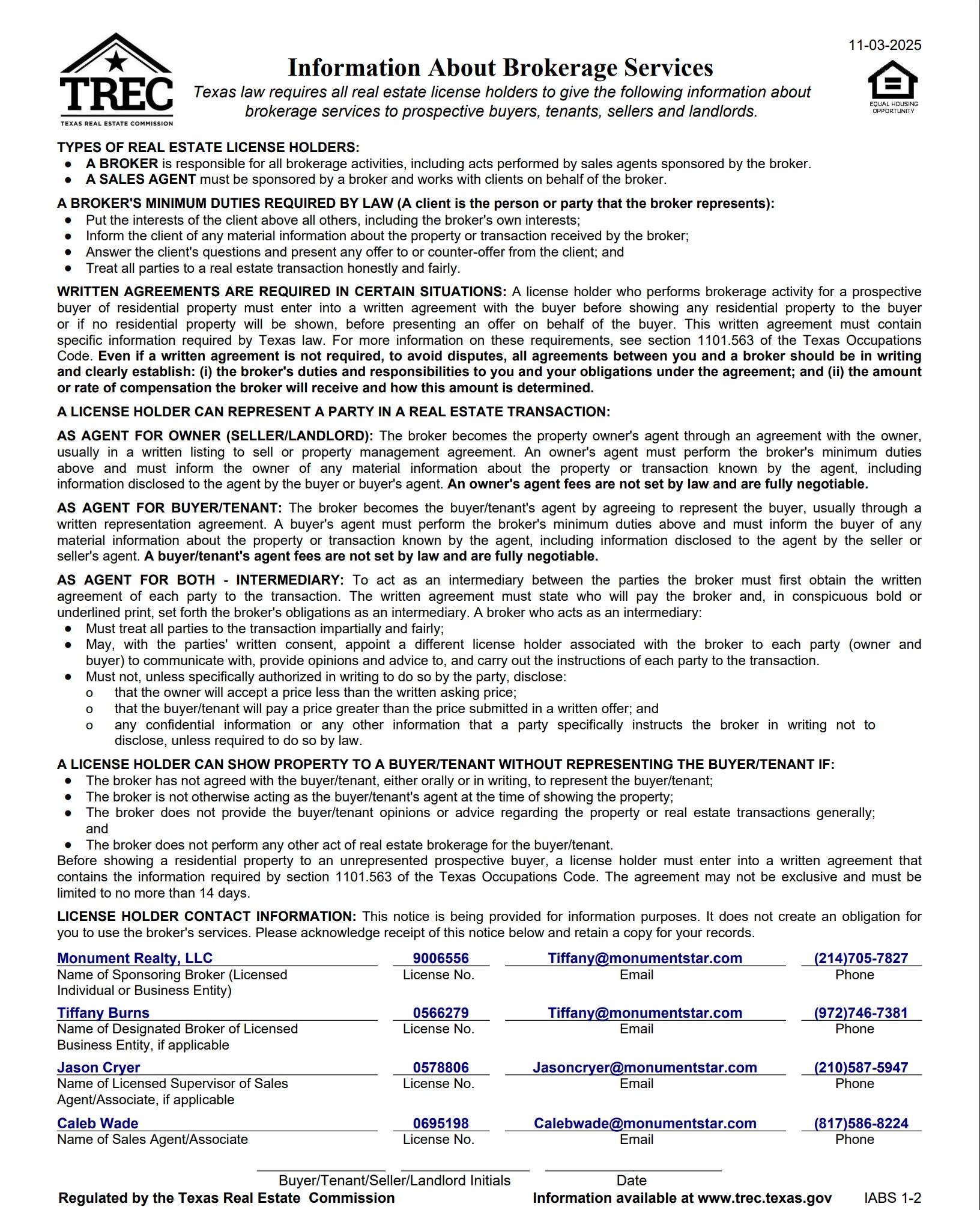 Texas real estate brokerage services information and license holder details from Monument Realty, LLC.