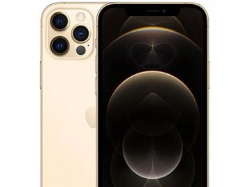A gold iPhone 12 Pro showing front and back view.