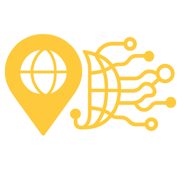 Yellow digital globe and location pin icon on a gradient background.