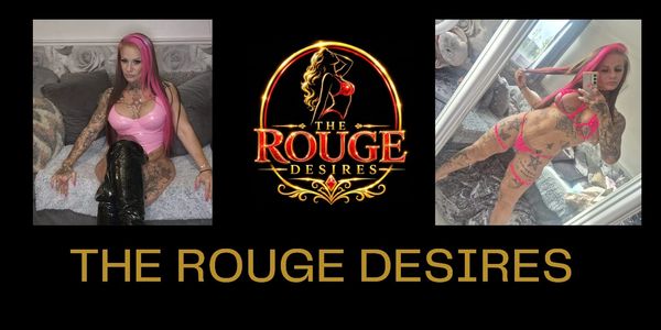 Two images of a tattooed woman with pink hair and a logo reading 'THE ROUGE DESIRES'.