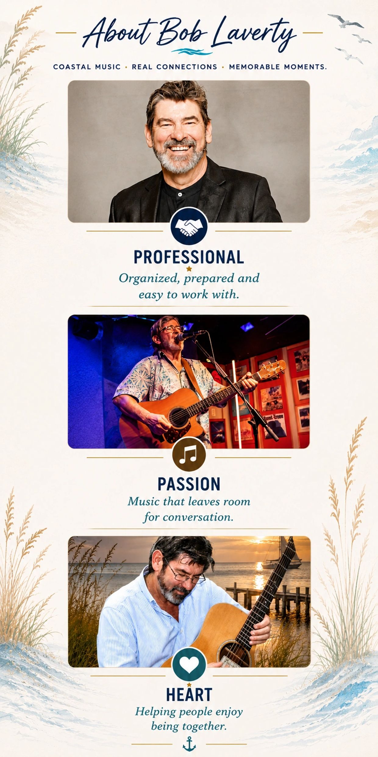 Bob Laverty performing acoustic music on the Crystal Coast of North Carolina