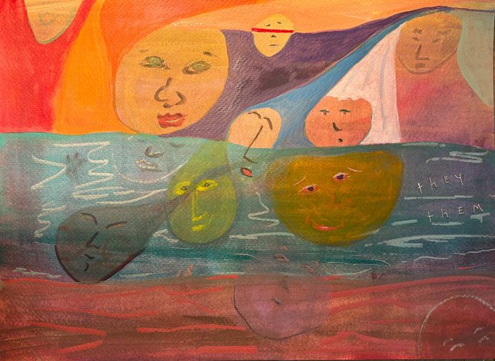Abstract painting of colorful faces floating in a surreal, watery landscape.