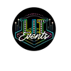 Colorful city skyline with the word 'events' in cursive on black background.